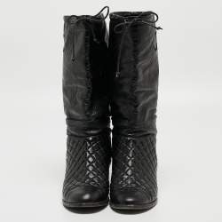 Chanel Black Quilted Leather CC Mid Calf Boots Size 39