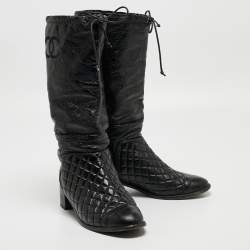 Chanel Black Quilted Leather CC Mid Calf Boots Size 39