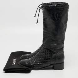 Chanel Black Quilted Leather CC Mid Calf Boots Size 39