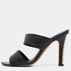 Chanel Black Leather CC Pearl Embellished Heel Slide Sandals Size 39