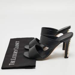 Chanel Black Leather CC Pearl Embellished Heel Slide Sandals Size 39