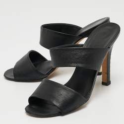 Chanel Black Leather CC Pearl Embellished Heel Slide Sandals Size 39
