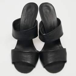 Chanel Black Leather CC Pearl Embellished Heel Slide Sandals Size 39