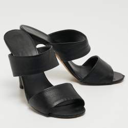 Chanel Black Leather CC Pearl Embellished Heel Slide Sandals Size 39