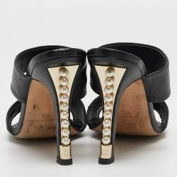Chanel Black Leather CC Pearl Embellished Heel Slide Sandals Size 39