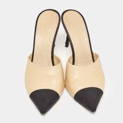 Chanel Beige/Black Leather and Fabric Cap Toe CC Faux Pearl Heel Mules Size 40
