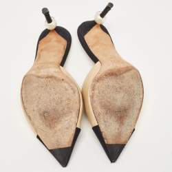 Chanel Beige/Black Leather and Fabric Cap Toe CC Faux Pearl Heel Mules Size 40