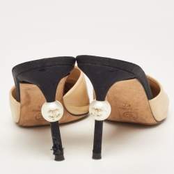 Chanel Beige/Black Leather and Fabric Cap Toe CC Faux Pearl Heel Mules Size 40