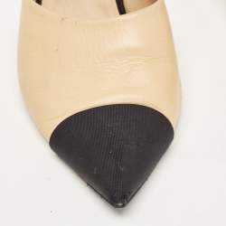 Chanel Beige/Black Leather and Fabric Cap Toe CC Faux Pearl Heel Mules Size 40