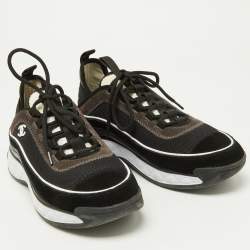 Pre Owned Chanel Black/White Suede and Knit Fabric CC Low Top Sneakers Size 40