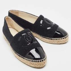 Chanel Black Tweed and Patent CC Espadrille Flats Size 39
