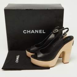 Pre Owned Chanel Black Leather Wooden Block Heel Slingback Platform Pumps Size 39