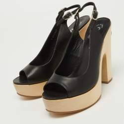 Pre Owned Chanel Black Leather Wooden Block Heel Slingback Platform Pumps Size 39