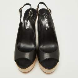 Pre Owned Chanel Black Leather Wooden Block Heel Slingback Platform Pumps Size 39