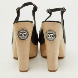 Pre Owned Chanel Black Leather Wooden Block Heel Slingback Platform Pumps Size 39