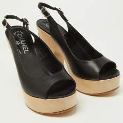Pre Owned Chanel Black Leather Wooden Block Heel Slingback Platform Pumps Size 39