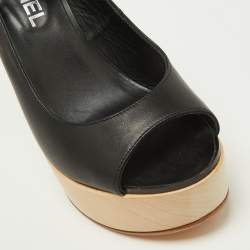Pre Owned Chanel Black Leather Wooden Block Heel Slingback Platform Pumps Size 39