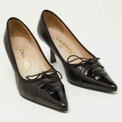 Pre Owned Chanel Black Leather and Patent Leather Bow CC Cap Toe Pumps Size 36
