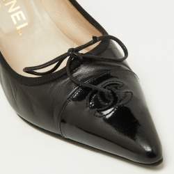Pre Owned Chanel Black Leather and Patent Leather Bow CC Cap Toe Pumps Size 36