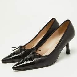 Pre Owned Chanel Black Leather and Patent Leather Bow CC Cap Toe Pumps Size 36