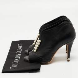 Chanel Black Leather CC Pearl Embellished Open Toe Booties Size 36.5