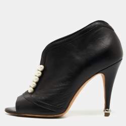 Chanel Black Leather CC Pearl Embellished Open Toe Booties Size 36.5
