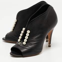 Chanel Black Leather CC Pearl Embellished Open Toe Booties Size 36.5