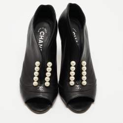 Chanel Black Leather CC Pearl Embellished Open Toe Booties Size 36.5