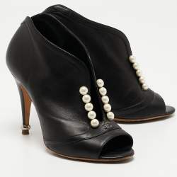Chanel Black Leather CC Pearl Embellished Open Toe Booties Size 36.5
