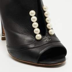 Chanel Black Leather CC Pearl Embellished Open Toe Booties Size 36.5