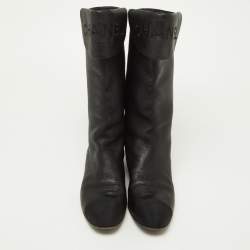 Chanel Black Leather and Grosgrain Mid Calf Boots Size 37.5