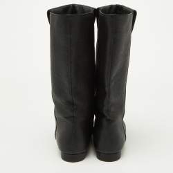 Chanel Black Leather and Grosgrain Mid Calf Boots Size 37.5