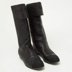 Chanel Black Leather and Grosgrain Mid Calf Boots Size 37.5