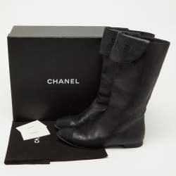 Chanel Black Leather and Grosgrain Mid Calf Boots Size 37.5