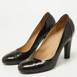 Pre Owned Chanel Black/Brown Patent Leather CC Cap Toe Pumps Size 36.5