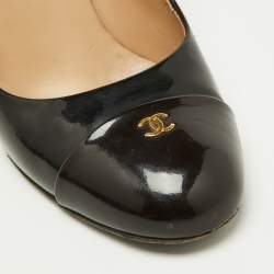Pre Owned Chanel Black/Brown Patent Leather CC Cap Toe Pumps Size 36.5