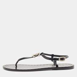 Pre Owned Chanel Black Patent and Leather CC Pearl Embellished Flat Thong Sandals Size 39.5