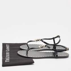 Pre Owned Chanel Black Patent and Leather CC Pearl Embellished Flat Thong Sandals Size 39.5
