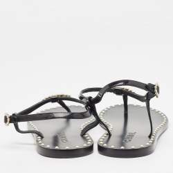 Pre Owned Chanel Black Patent and Leather CC Pearl Embellished Flat Thong Sandals Size 39.5