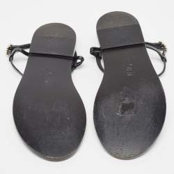Pre Owned Chanel Black Patent and Leather CC Pearl Embellished Flat Thong Sandals Size 39.5