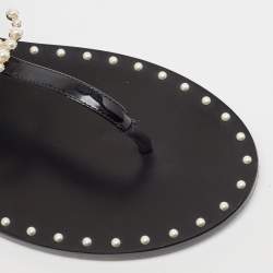 Pre Owned Chanel Black Patent and Leather CC Pearl Embellished Flat Thong Sandals Size 39.5