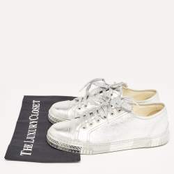 Pre Owned Chanel Metallic Silver Leather CC Logo Low Top Sneakers Size 40