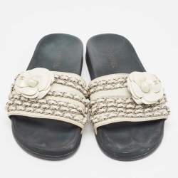 Chanel Grey Leather Tropiconic Flat Slides Size Size 41