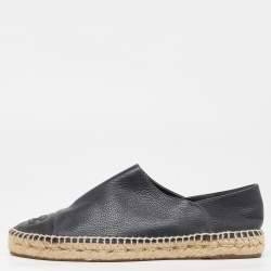 Pre Owned Chanel Black Leather CC Espadrille Flats Size 40