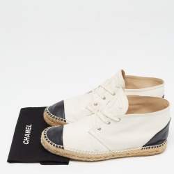 Pre Owned Chanel White/Black Leather CC Mid Top Espadrille Flats Size 39