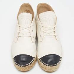 Pre Owned Chanel White/Black Leather CC Mid Top Espadrille Flats Size 39
