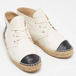 Pre Owned Chanel White/Black Leather CC Mid Top Espadrille Flats Size 39