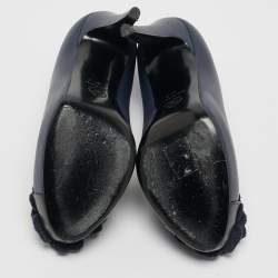 Pre Owned Chanel Navy Blue Leather Camelia Cap Toe Pumps Size 37