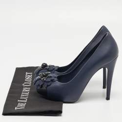 Pre Owned Chanel Navy Blue Leather Camelia Cap Toe Pumps Size 37