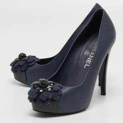 Pre Owned Chanel Navy Blue Leather Camelia Cap Toe Pumps Size 37